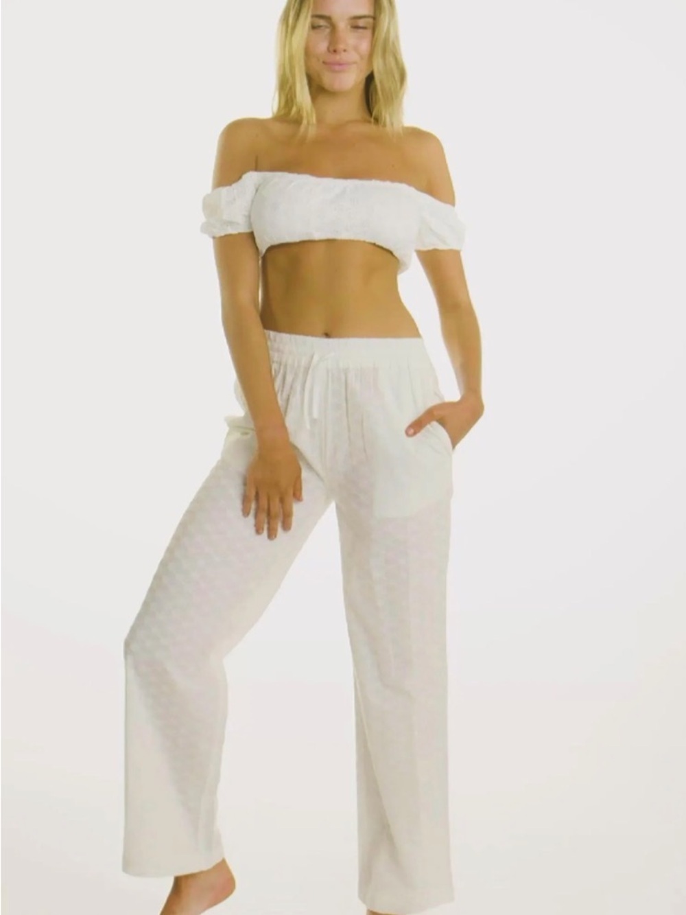 Anthropologie THE FLOUNCE TOP - CASA BLANCA White Off-Shoulder Bikini Top Eyelet